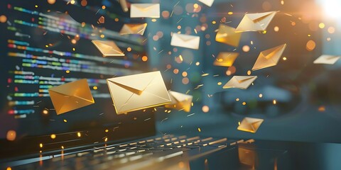 Golden Envelopes Surrounding a Laptop with Code on the Screen 3D Illustration