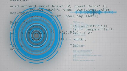 Wall Mural - blue concentric circles and soundwave animation overlaying programming code and math formulas