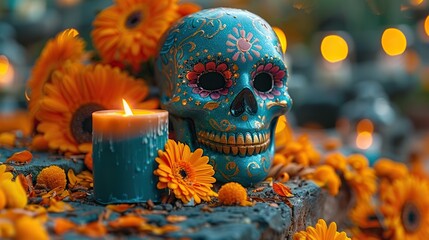 day of the dead dia de los muertos holiday background with sugar skull mask,candle on stone table.