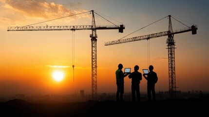 Wall Mural - Worker uses touchscreen laptop to oversee automated building processes at a night construction site, Created with Generative AI.