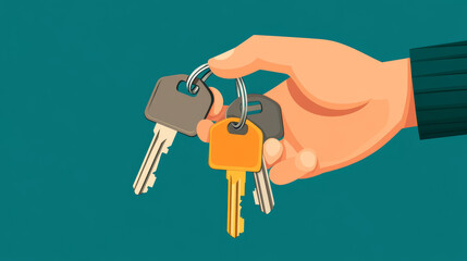 A hand holding a bunch of two keys with a keychain shaped like a house. Keys to an apartment. Flat vector illustration.