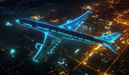 Wall Mural - photo of a futuristic airplane with visualization lines and colorful neon high technological pattern