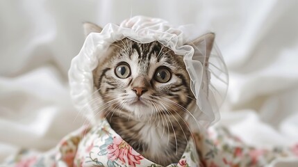 Wall Mural - Cute tabby cat in clothes with white spots wearing a floral patterned cap with white tulle around it in the background