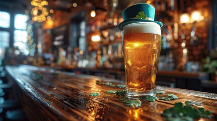 glass of green beer,leprechauns hat on bar counter pub interior st patrick s day party.