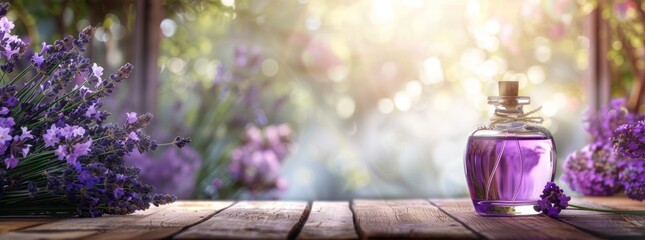 Lavender Essential Oil Bottle on Wooden Table with Blurred Garden Background