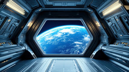 Wall Mural - a spaceship interior with blue earth view through window
