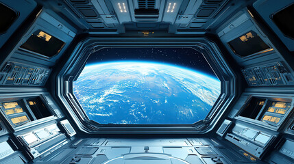 Wall Mural - a spaceship interior with blue earth view through window