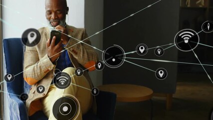 Sticker - Using smartphone, man with earphones over network of connections animation