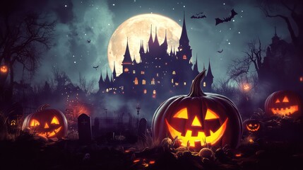 Wall Mural - Halloween, pumpkins and dark castle with full moon