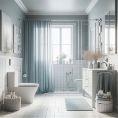 3d rendered bathroom colored grey illustration with realistic style among mirror and bathtab. suitable for building image and architecture interior.