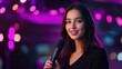 © WITTAYA  ANGMUJCHA - Brown haired woman with microphone on purple background