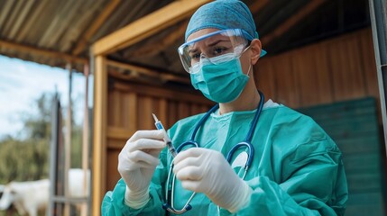 Wall Mural - A veterinarian prepares injections for livestock on a farm, focusing on animal care and the importance of animal health.