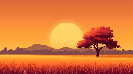 Wall Mural - A lone tree stands tall in a field of golden grass as the sun sets in the distance, creating a beautiful silhouette against the orange sky.