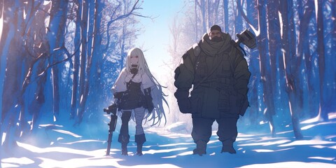 Anime-Style Winter Battle: Cute Girl with Brass Knuckles and Rugged Man in Bandages, Back-to-Back in Snowy Forest. 2D Art for 2025 Spring Festival and Christmas. Creative Game and Children's Book Illu