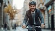 © Oulaphone - Happy businessman riding a bicycle in the city, wearing a suit and helmet for safety on the way to work. saving resources and sustainable lifestyle concept.