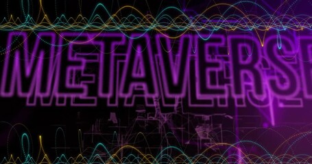 Poster - Text animation over colorful waveforms and abstract background in metaverse