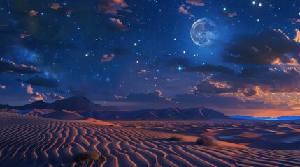 Poster - A quiet desert evening with the moon casting a soft glow over the sand, and the sky adorned with a multitude of stars.