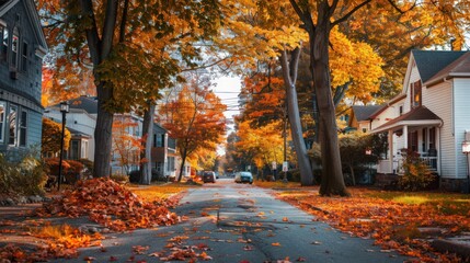 Poster - A quaint village street lined with trees showcasing their fall colors, with piles of autumn leaves on the ground