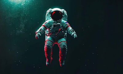 Wall Mural - astronaut in a spacesuit floating in the dark void of space, illuminated by striking neon highlights