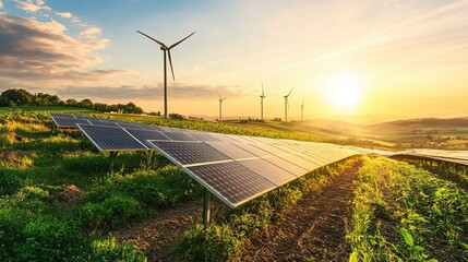 Wall Mural - Solar Panels and Wind Turbines in a Field at Sunset