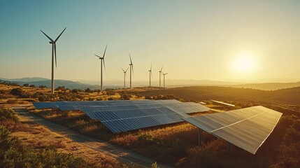 Wall Mural - Wind Turbines and Solar Panels in a Rural Setting at Sunset