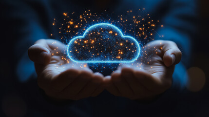 Wall Mural - modern cloud computing 3d background featuring a businessman holding a cloud computing icon network,