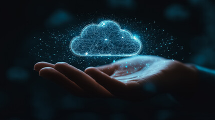 futuristic cloud computing background showcasing a businessman’s hand with cloud icons, representing