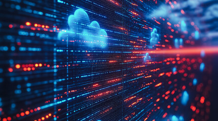 Innovative cloud computing background highlighting the concept of cloud technology with elements of secure data upload, online storage, and network systems, ideal for modern digital solutions.