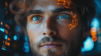 Wall Mural - man interacting with a virtual ai assistant, asking questions and receiving answers, highlighting ad