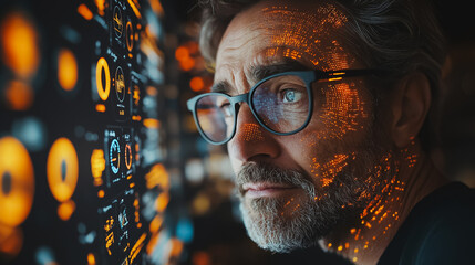 Wall Mural - man interacting with a virtual ai assistant, asking questions and receiving answers, highlighting ad
