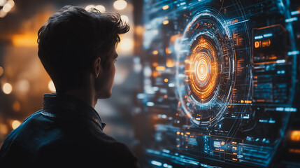 Wall Mural - virtual ai chatbot conversation with a man, focusing on artificial intelligence technology and smart