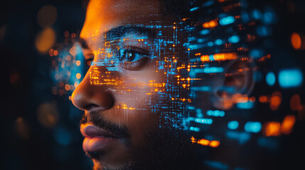 Wall Mural - man engaging with a virtual ai, asking for answers and interacting with an intelligent chatbot, illu