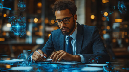 Wall Mural - Businessman interacting with quality management icons and certification symbols, highlighting standardization and health insurance in a professional environment