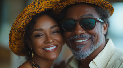 Wall Mural - Happy senior African American couple on the coast, laughing and listening to music, highlighting a carefree and picturesque seaside experience