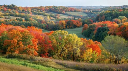 Sticker - A scenic autumn vista with rolling hills and a valley filled with colorful trees, showcasing a stunning display