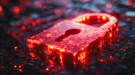 Wall Mural - cyber attack visualization with a red broken padlock, highlighting system hacking and security breac