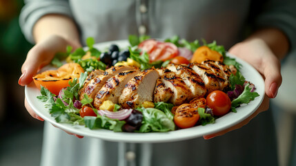 Wall Mural - Photo of a woman serving a plate of colourful salad and chicken. AI generative.