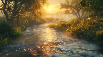 Poster - A scenic stream at sunrise, with the early light casting a warm glow over the water and the surrounding landscape coming to life