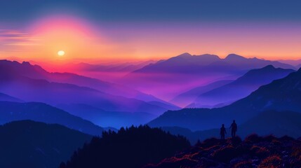 Poster - A scenic summer sunset over a mountain range, with a silhouette of hikers or campers enjoying the breathtaking view.