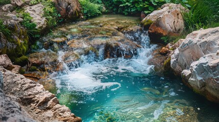 Wall Mural - A scenic view of a natural spring with crystal-clear water flowing, representing the source of clean drinking water