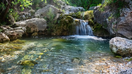 Poster - A scenic view of a natural spring with crystal-clear water flowing, representing the source of clean drinking water