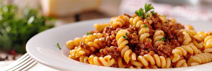 Wall Mural - Savory macaroni with sausage sauce served on a plate, representing traditional Italian culinary style.