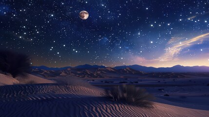 Sticker - A serene desert night scene with the moon casting its gentle light over the dunes and a sky full of sparkling stars