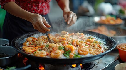 A Person Cooking Shrimp and Rice Noodles in a Wok