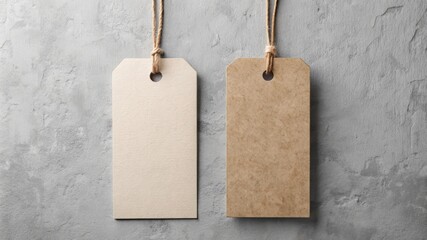 Two Blank Paper Tags on Gray Background.