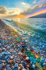 A beach covered with colored pebbles, the sky is blue and colorful clouds in the evening, 