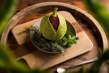 Wall Mural - Bitter melon or bitter gourd on wooden tray