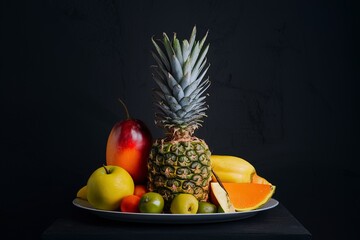 Wall Mural - bunch of exotic fruits set up whit pineapple in the middle