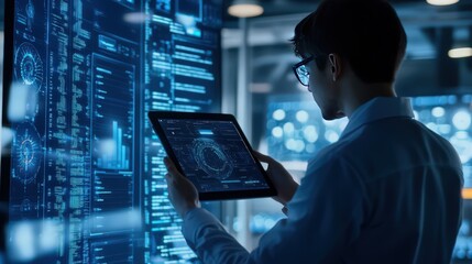 Software engineers use digital tablets and AI for big data management, applying data science principles