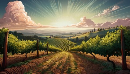 An illustration of a picturesque vineyard with rows of grapevines and a simple backdrop to h